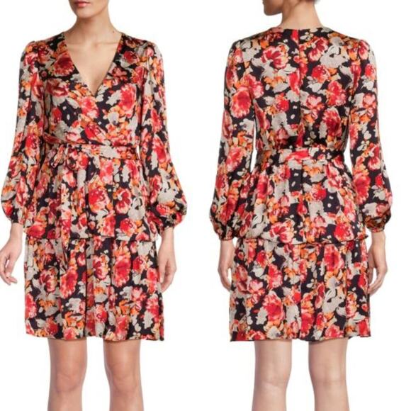 Julia Jordan Belted Faux Wrap Mini Dress Ballon Sleeve Party Floral Cocktail 6 - Picture 1 of 13